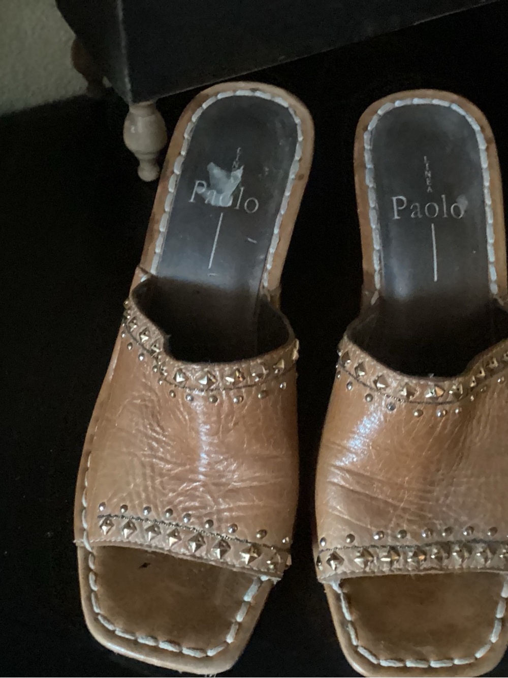 Paolo Tan Leather Studded Open-Toe Mules